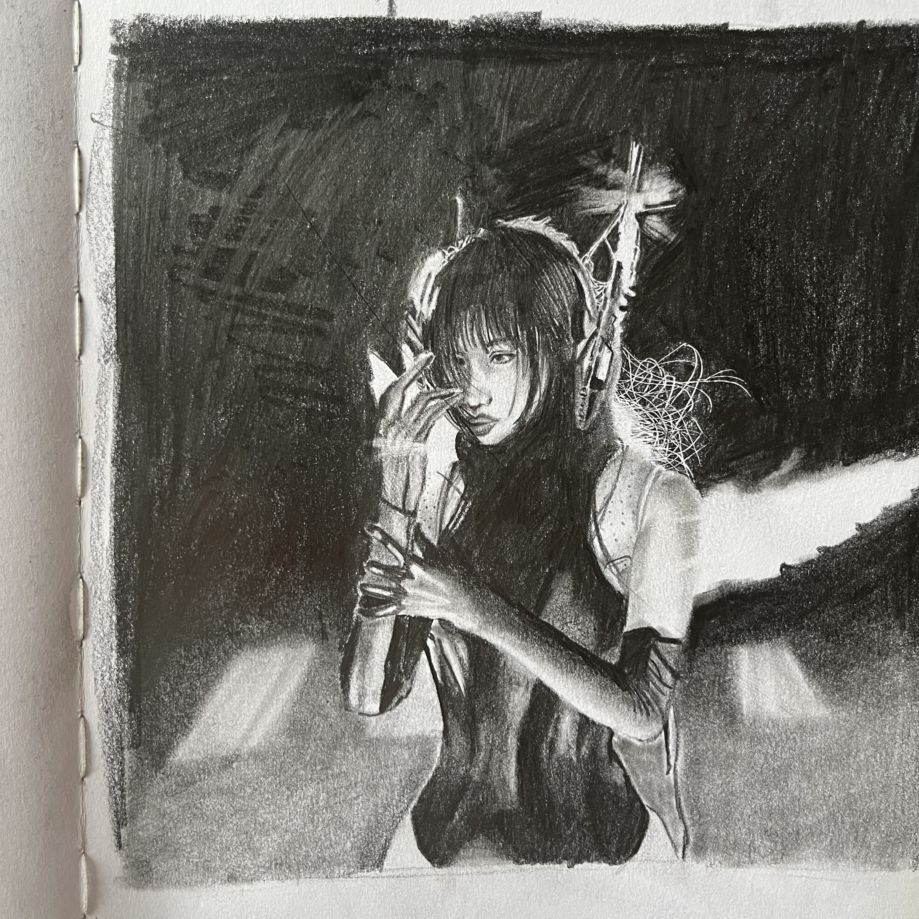 Graphite drawing of a young woman in a moody cyberpunk-inspired composition